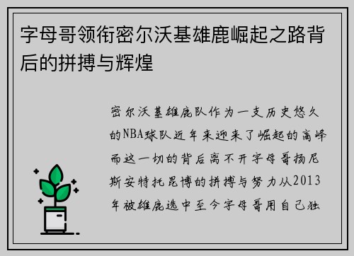 字母哥领衔密尔沃基雄鹿崛起之路背后的拼搏与辉煌