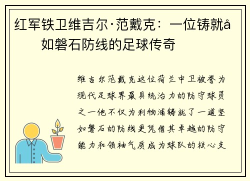 红军铁卫维吉尔·范戴克：一位铸就坚如磐石防线的足球传奇